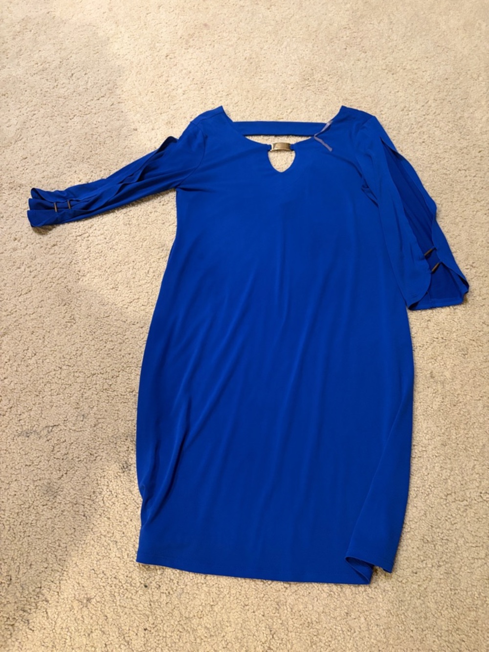 Neiman Marcus Cobalt Blue Long-Sleeve Shift Dress with Keyhole